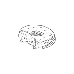 Hand Drawn Donut Illustration Outline Style. Doodle Bakery Dessert Sketch. Black and White Donut Drawing Isolated on White. Food Icon for Menu Sticker Packaging Design
