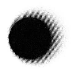 Black circular halftone gradient with smooth tonal transition and diagonal shading lines creating a soft vignette effect on a transparent background.