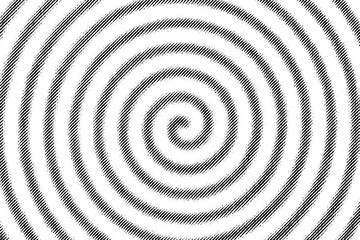 Macro halftone print of tight spiral rings forming a hypnotic vortex, black ink curves on a transparent background.