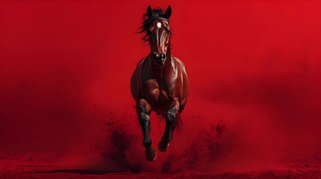 A powerful dark bay horse with a white star on its forehead gallops directly toward the viewer, kicking up dark dust against a vibrant, saturated red background.