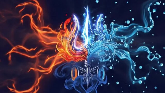 Shiva trishul fire and water animation with flowing motion graphic energy showing damru power and spiritual balance for Maha Shivratri festival visuals