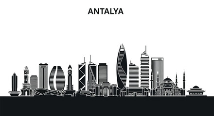 Fototapeta premium Antalya skyline a black and white illustration of the turkish city
