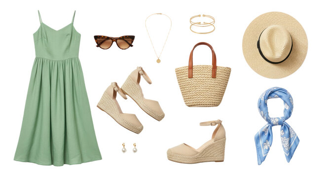 Flat lay of summer outfit with green midi dress, beige wedge shoes, straw bag, sunglasses, hat, scarf, and gold jewelry, perfect for casual and vacation looks