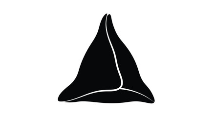 A stark black silhouette of a shark tooth against a white background