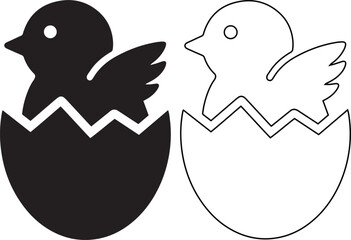 Cute baby chick hatching from egg vector icon set featuring solid black silhouette and simple linear outline styles for Easter symbols and farm animal logos. © Shah Hasanuzzaman