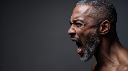 Obraz premium African American man screaming in anger, close up portrait on dark gray background. Concept of rage, stress, emotion, frustration and mental health.