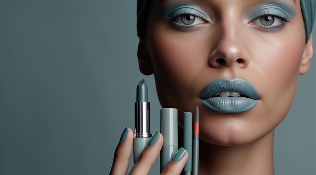 Woman with blue lipstick and eye makeup holding matching cosmetics. Beauty product promotion and fashion concept for makeup advertisement.
