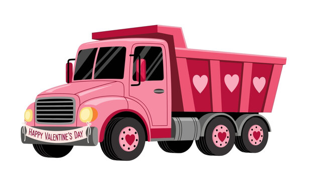 Pink dump truck with hearts on a white background, viewed from the front side, representing Valentine's Day delivery