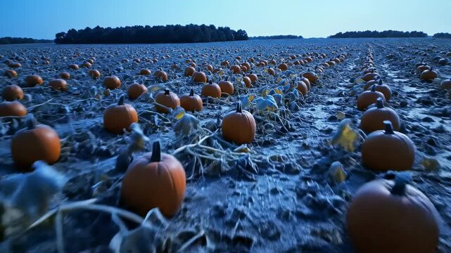 Sweeping aerial drone shot gliding over a sprawling pumpkin patch illuminated by an icy cold blue moonlight covering the frosty ground nature, farming, wide shot