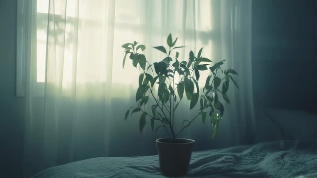 Potted green plant sitting on a rumpled bed by a window with soft morning light filtering through sheer curtains, creating a serene and quiet domestic atmosphere