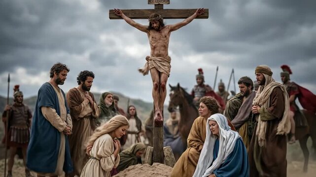 Crucifixion of Christ with woman praying at cross and sorrowful men, illustrating a biblical religious scene