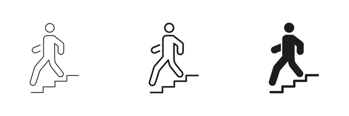 Person Walking Down Stairs Line And Solid Icon Set. Isolated Vector Illustration