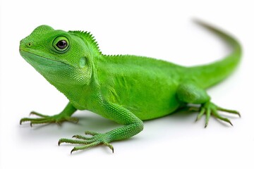 Fototapeta premium Green lizard sits still on a white background