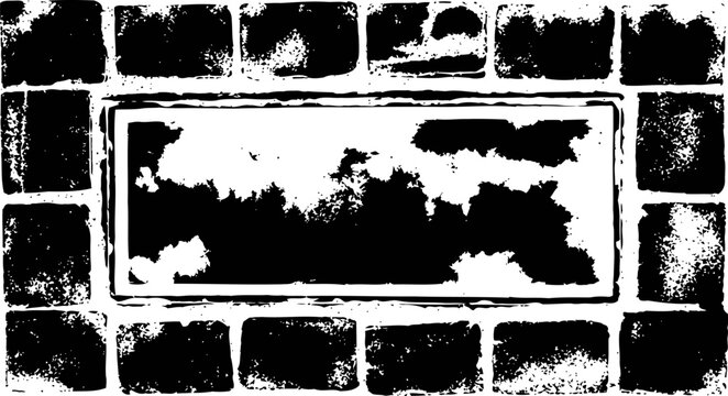 Grunge rectangular stamp with distressed texture and surrounding square marks on white background