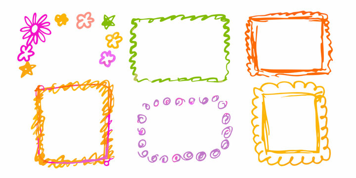 Colorful childlike drawings of flowers stars and various frame shapes