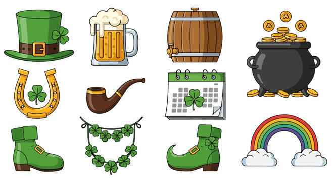 Collection of Saint Patricks Day themed items and symbols.