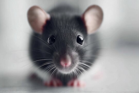 Black rat facing forward in a room