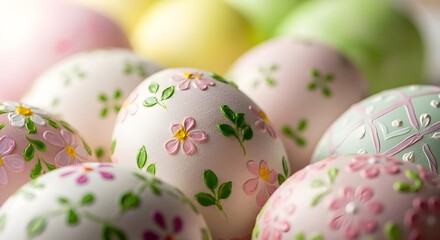 Fototapeta premium Decorated Easter Eggs with Floral Patterns and Soft Pastel Colors