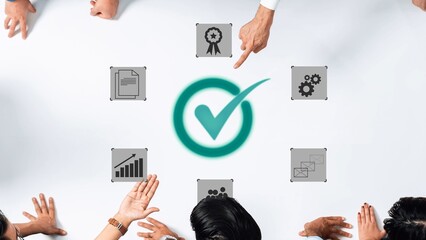 Team Collaboration and Success Strategy with Checkmark Symbol and Business Icons Representing...