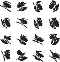 Fototapeta premium Sixteen black insect on white background with leaves and branches leaf silhouette des