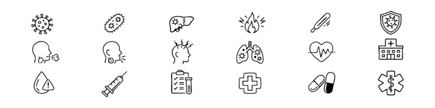 Disease Line Editable Icons set. Vector illustration in modern thin style of health related icons: infection, disease, inflammation, and more. Isolated on white background