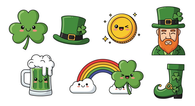 St Patricks Day themed cartoon stickers with shamrocks leprechaun hat and gold coin.
