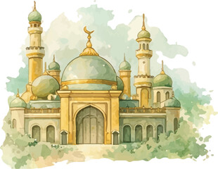Obraz premium Ramadan Grand Mosque Green Domes Crescent Watercolor