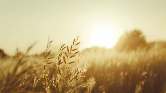 Golden grain field showing cereal plants with warm sun setting in the background creating an ethereal glow and highlighting the peaceful, serene rural landscape at dusk