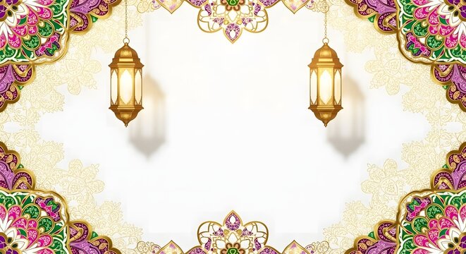 Ramadan kareem background with lanterns and floral patterns