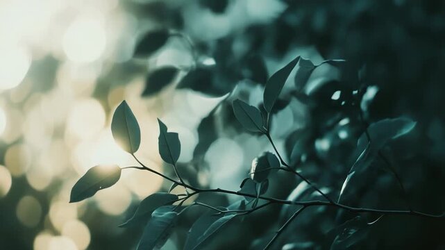Delicate green leaves are backlit by glowing sunlight, forming soft, out of focus golden circles against a serene, dark green natural environment, symbolizing vitality and clean growth