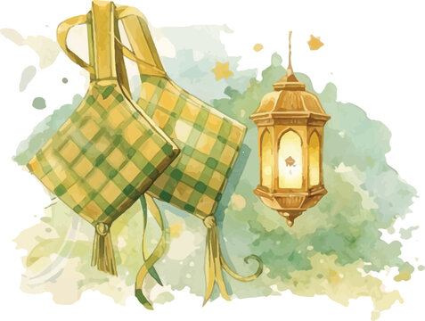 Eid Ketupat Hanging Lantern Watercolor Illustration