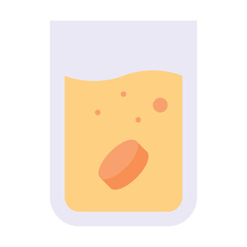 Effervescent vitamin C tablet with fizz bubbles and orange flavour dissolving in glass of water, Medical And Healthcare Related Lineal Colour Style Vector Icon.