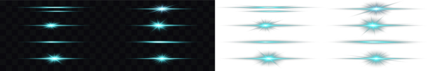 Transparent blue cyan neon glowing png with horizontal light line rays. Neon blue horizontal speed lines. Vector glow of led laser stripe. Perfect for digital highlights. Neon line light. Laser beams. © Slava