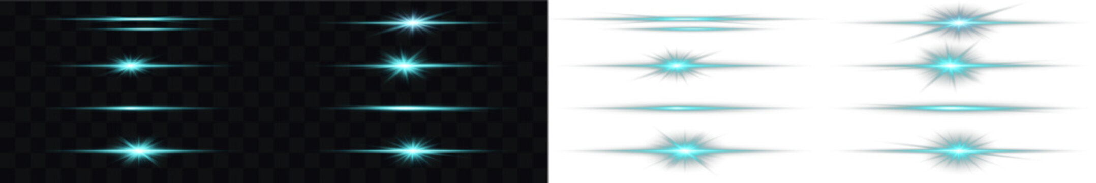 Transparent blue cyan neon glowing png with horizontal light line rays. Neon blue horizontal speed lines. Vector glow of led laser stripe. Perfect for digital highlights. Neon line light. Laser beams.