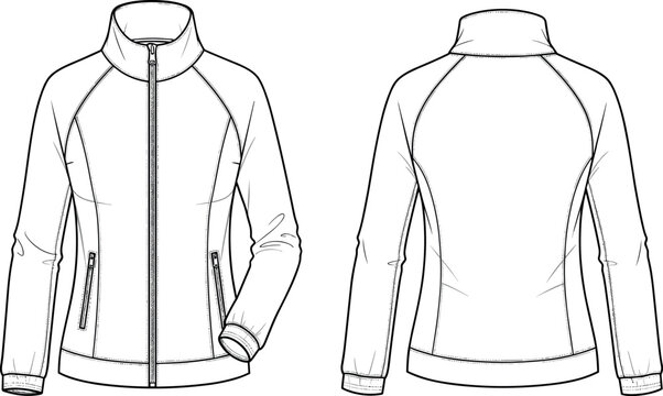 Technical flat sketch of women's zip up athletic jacket featuring raglan sleeves princess seams mock neck and zipper pockets