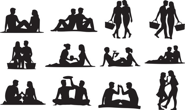 Couples Enjoying Picnics and Outdoor Relaxation Silhouettes illustration