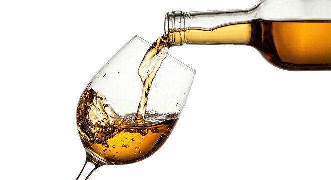 Alcoholic beverage being poured from a bottle into a wine glass creating a splash isolated on transparent background