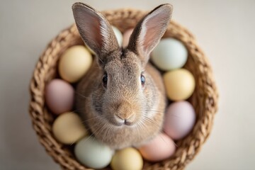 Obraz premium Rabbit Viewed From Slightly Above Nestled Inside A Basket Of Pastel Easter Eggs, Adorable Bunny Portrait For Spring, Family-Friendly Easter Scene And Seasonal decor