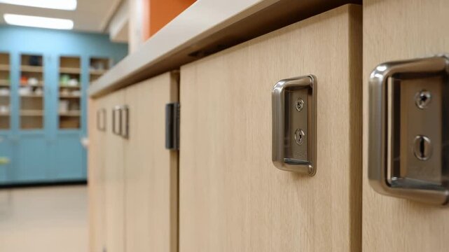 Medium shot featuring plugandplay cabinets in a reconfigurable exam space cabinet handles and locks focused with the environment gently out of focus.