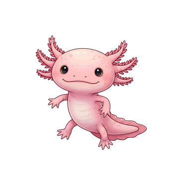 Cute Axolotl Cartoon Illustration, Pink Mexican Salamander Character Isolated on White Background