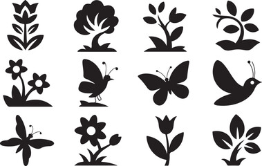 Obraz premium Diverse Black Silhouette Icons of Flora Fauna and Nature Elements on White Background flower icon tree icon
