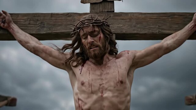 Man on crucifix crown of thorns. Jesus suffering, crucifixion, and religious sacrifice for christian faith