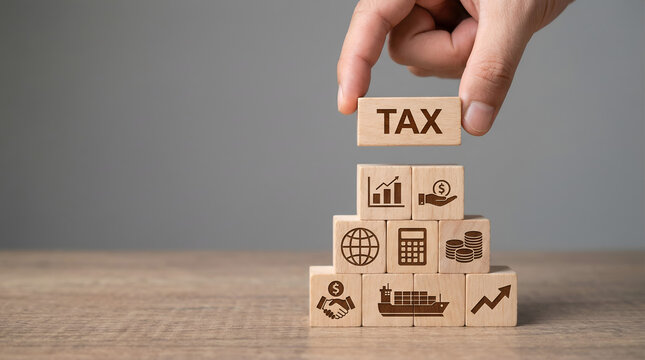 Hand placing tax icon in the wooden cube for tax return and submit tax for payment tax documents of government