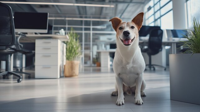 A calm dog sits on the floor in workplace, pet friendly workplaces, work-life balance