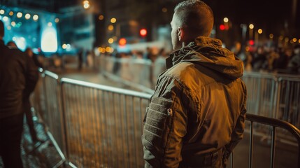 Fototapeta premium Security Guard Overseeing Nighttime Event