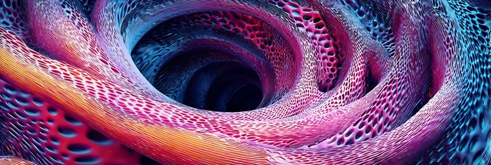 An abstract colorful background features a close up of a colorful spiral forming a fractal heart pattern with a vibrant red and blue vortex design