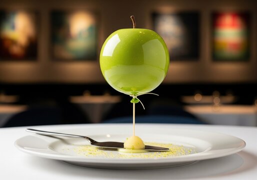 Creative edible green apple helium balloon dessert on white plate in luxury restaurant
