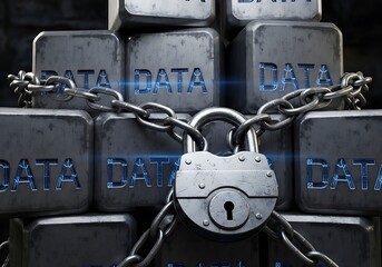 Data security concept with padlock and chains securing digital data storage
