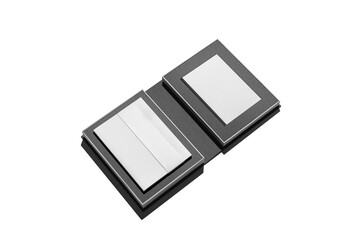 Open photo book mockup on white background, blank pages in modern album layout, minimal print design for portfolio, presentation, memories, and creative storytelling
