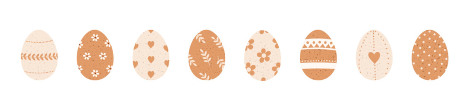 Easter eggs set with hand drawn floral and geometric ornaments. Cute flat vector illustration isolated on white background.